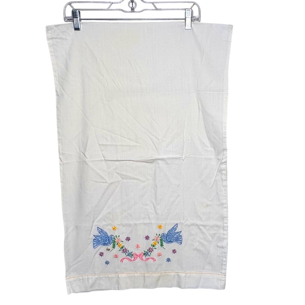 Vtg Cottagecore Embroidered Pillowcase White Cotton Hand Stitched Blue Birds